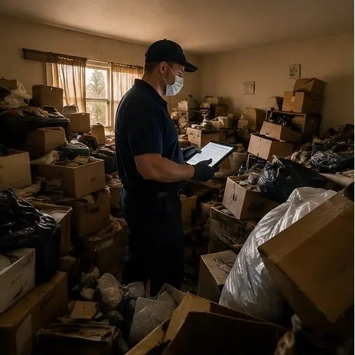 Cleanup technician reviewing a cluttered room before work begins