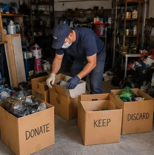 Cleanup professional carefully sorting household belongings into labeled groups